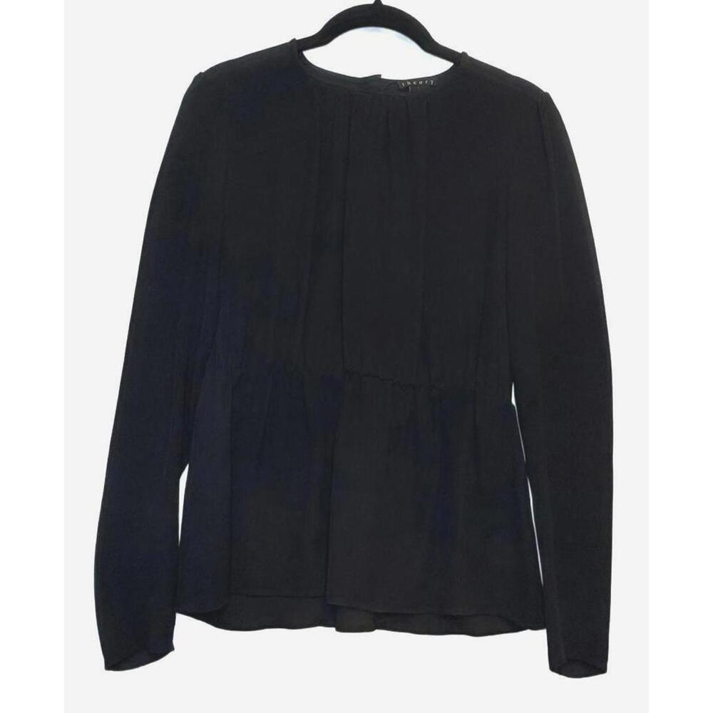 Theory Black 100% Silk Long Sleeve Peplum Blouse Top Size P Petite